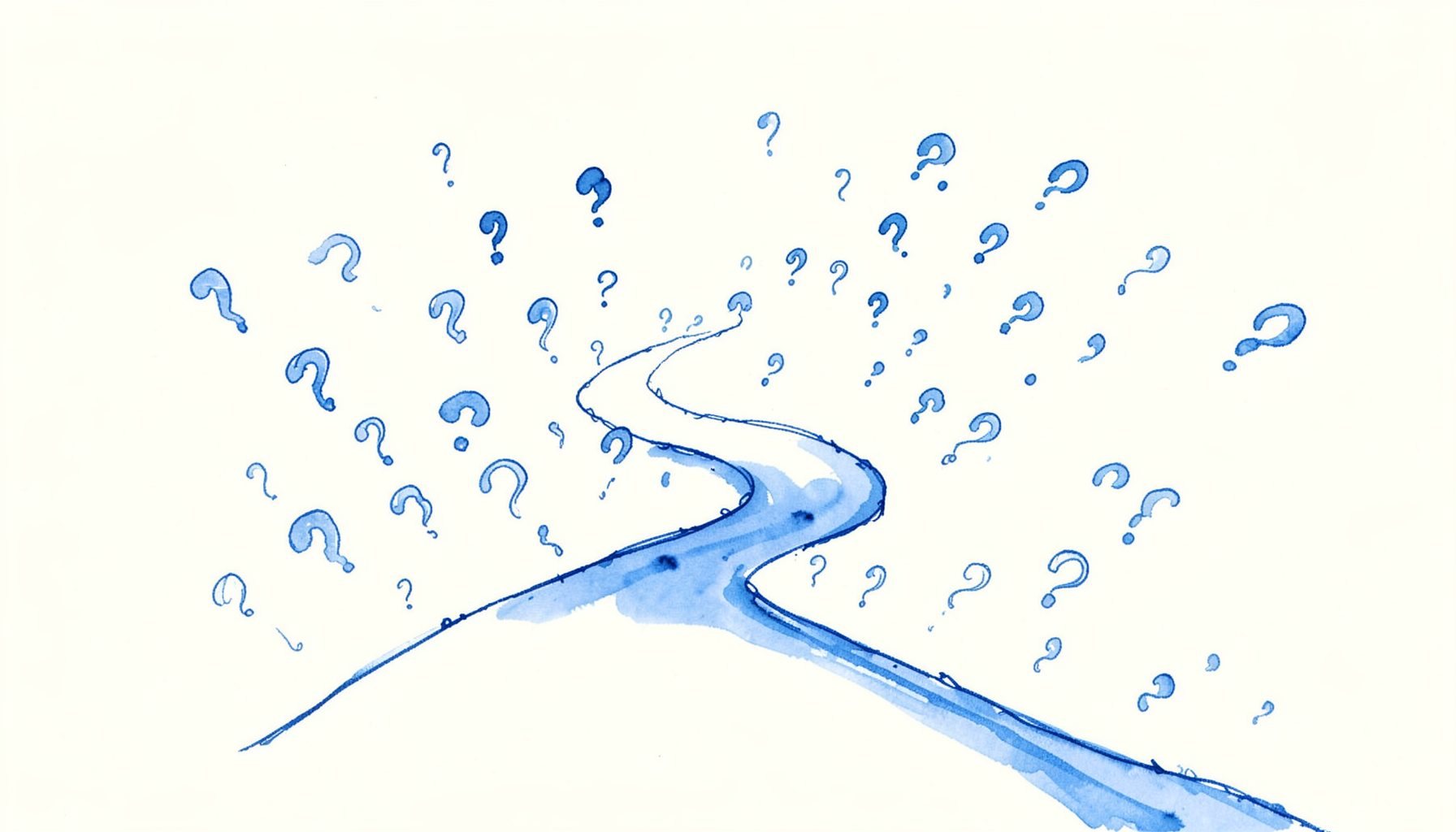 Hand-drawn ink illustration of a winding path through a quiet landscape of scattered quotation marks rising like leaves, in navy and royal blue ink on a cream background.